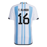 New T. ALMADA #16 Argentina Three Stars Home World Cup 2022 Champion Authentic Jersey