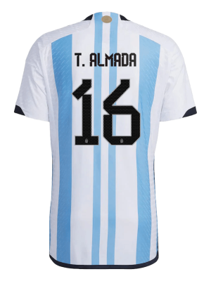 New T. ALMADA #16 Argentina Three Stars Home World Cup 2022 Champion Authentic Jersey