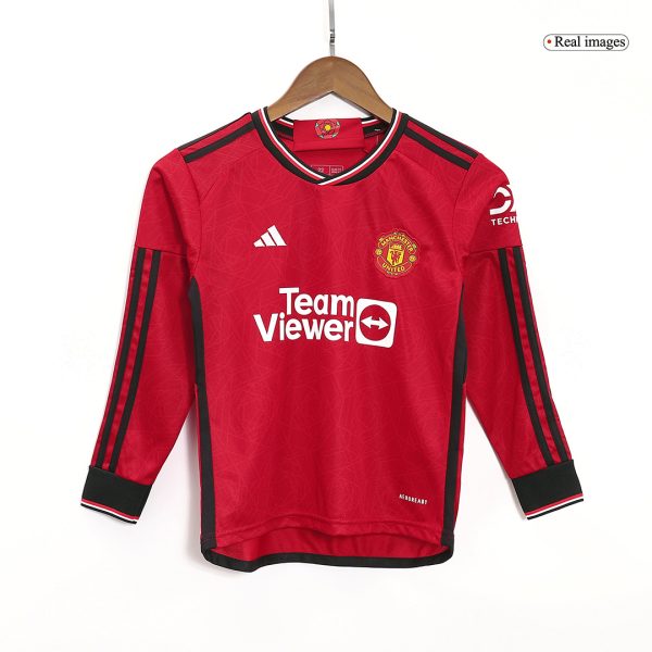 Manchester United Home Long Sleeve Kids Soccer Jerseys Kit 2023/24