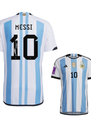 New SignMESSI #10 Argentina Three Stars Home 2022 Champion Authentic Jersey