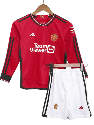 Manchester United Home Long Sleeve Kids Soccer Jerseys Kit 2023/24