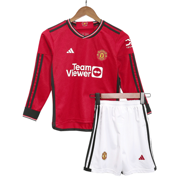 Manchester United Home Long Sleeve Kids Soccer Jerseys Kit 2023/24